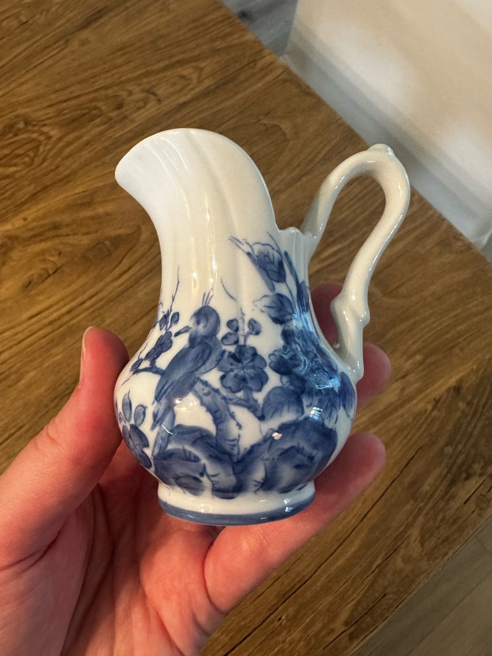Vintage Miniature Blue & White Milk Jug Pitcher Bird Flower Motif